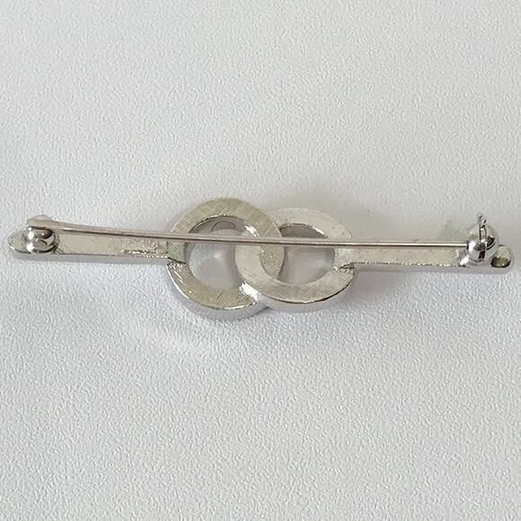 Rare Vintage Crown Trifari Open Double Circle Bar Pin Clear Rhinestone Silver T - Picture 8 of 13